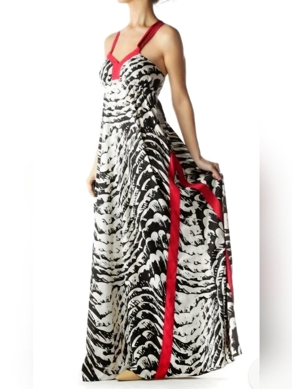 Express Black & White Printed Maxi Dress with Red Strappy Back